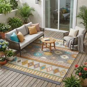 Geometric Southwestern Polyester Area Rug Machine Washable Indoor Outdoor Low Pile Patio