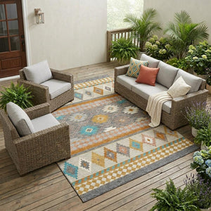 Geometric Southwestern Polyester Area Rug Machine Washable Indoor Outdoor Low Pile Patio
