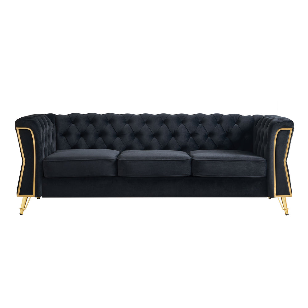 English Elm Modern Tufted Velvet Sofa with Gold Accent Frame and Flared Arms, High-Density Comfort Seating Black W579P329999