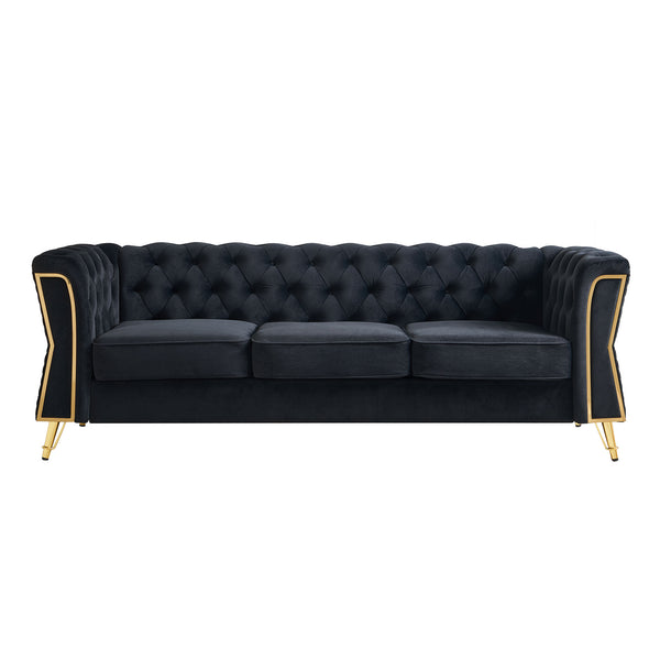 English Elm Modern Tufted Velvet Sofa with Gold Accent Frame and Flared Arms, High-Density Comfort Seating Black W579P329999