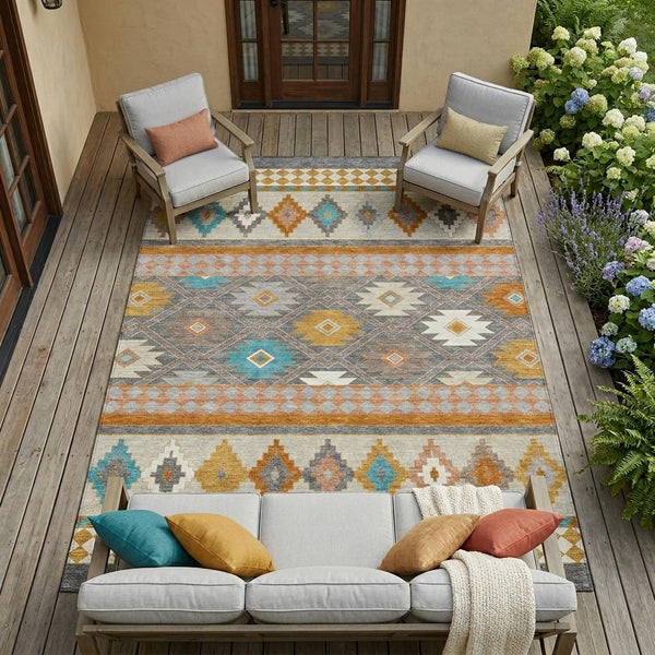 Geometric Southwestern Polyester Area Rug Machine Washable Indoor Outdoor Low Pile Patio