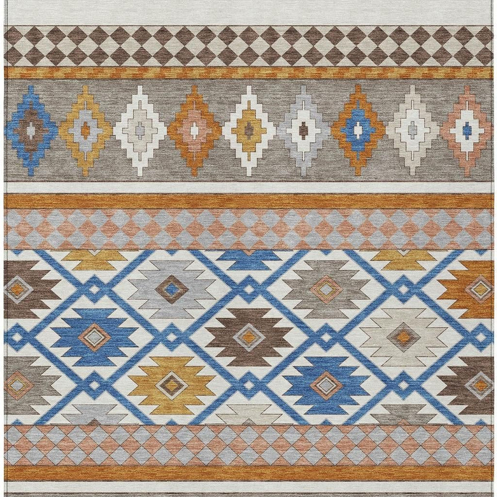 5 X 8 Washable Southwestern Geometric Polyester Indoor Outdoor Rug Ivory Brown