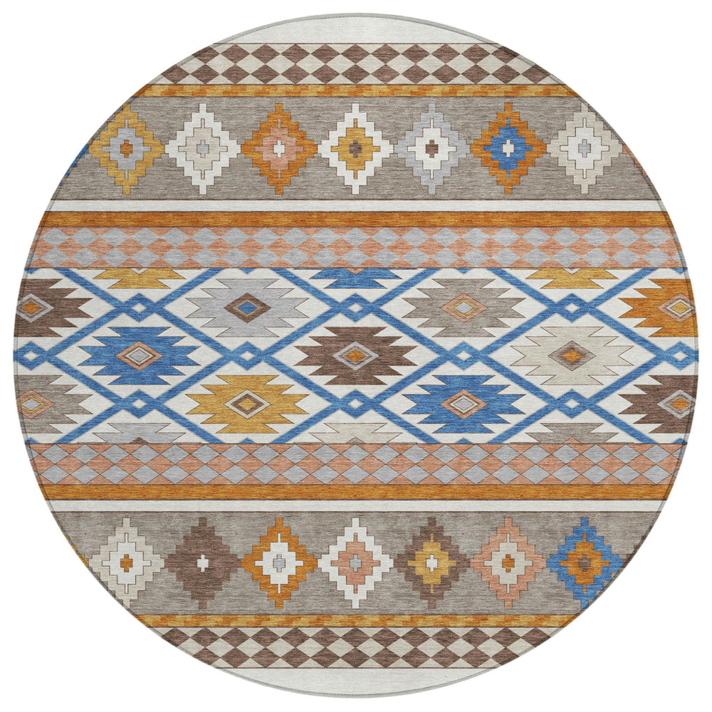 HomeRoots 8 Ft Round Southwestern Geometric Washable Polyester Rug for Patio and Entryway 728704