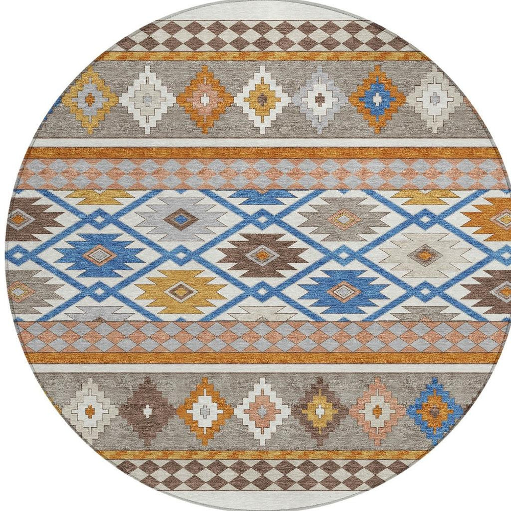 HomeRoots 8 Ft Round Southwestern Geometric Washable Polyester Rug for Patio and Entryway 728704