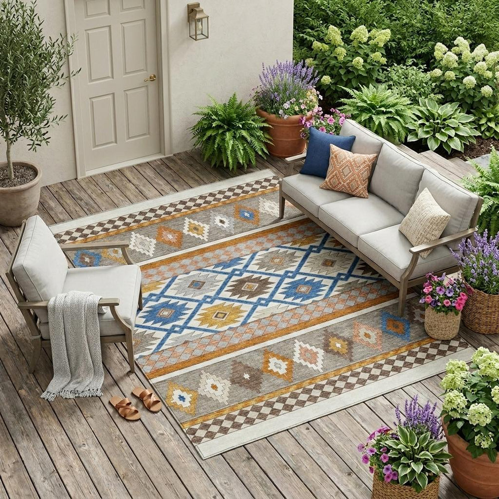 8 Ft X 10 Ft Southwestern Polyester Area Rug Washable Indoor Outdoor Ivory Brown