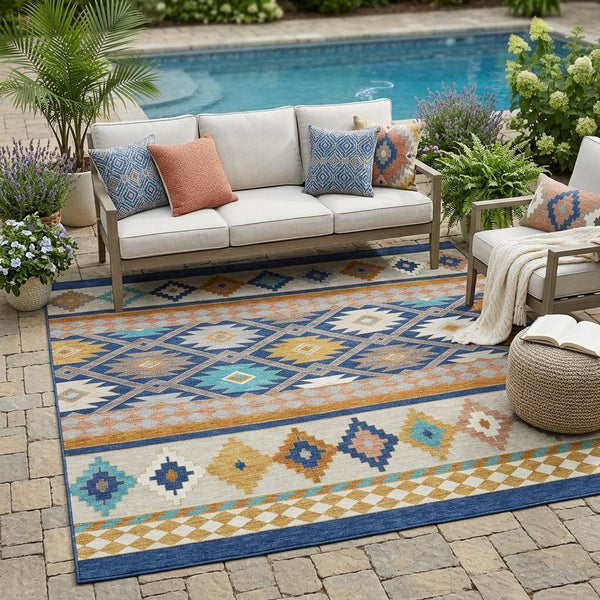 Southwestern Geometric Washable Polyester Area Rug for Stylish Indoor Outdoor Living Spaces