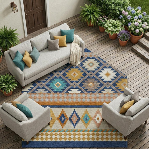 Southwestern Geometric Washable Polyester Area Rug for Stylish Indoor Outdoor Living Spaces