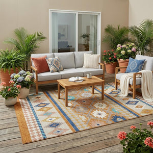 Southwestern Geometric Polyester Area Rug Washable Low Pile for Indoor Outdoor Spaces