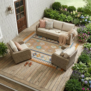 Southwestern Geometric Polyester Area Rug Washable Low Pile for Indoor Outdoor Spaces