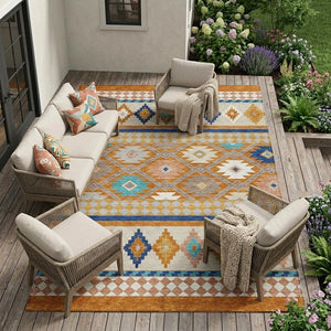 Southwestern Geometric Polyester Area Rug Washable Low Pile for Indoor Outdoor Spaces