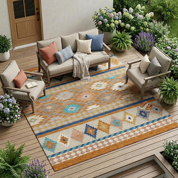 Southwestern Geometric Polyester Area Rug Washable Low Pile for Indoor Outdoor Spaces