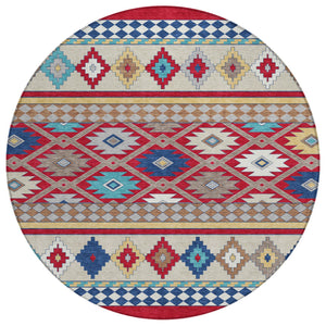 HomeRoots 8' Round Southwestern Geometric Washable Polyester Rug for Indoor Outdoor Spaces 728722