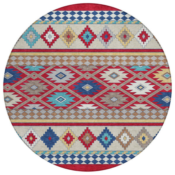 HomeRoots 8' Round Southwestern Geometric Washable Polyester Rug for Indoor Outdoor Spaces 728722