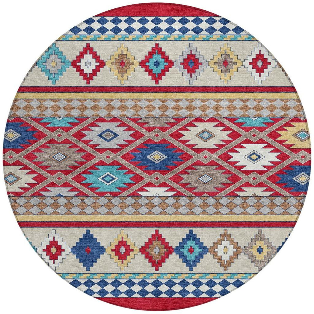 HomeRoots 8' Round Southwestern Geometric Washable Polyester Rug for Indoor Outdoor Spaces 728722