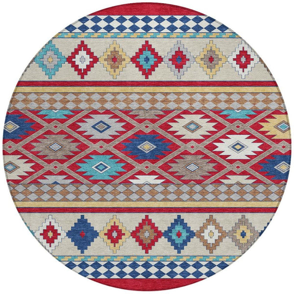 8' Round Southwestern Geometric Washable Polyester Rug for Indoor Outdoor Spaces