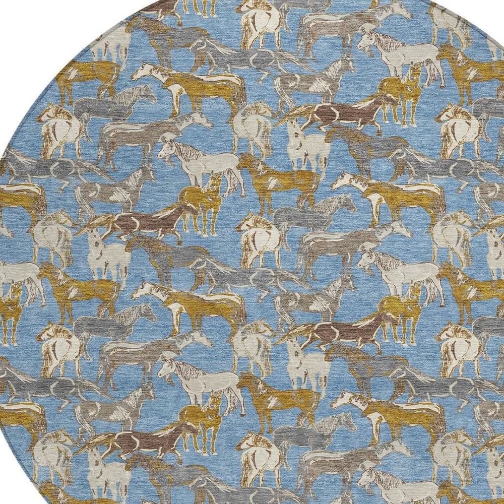 HomeRoots 8 Ft Round Equestrian Horse Polyester Area Rug Machine Washable for Indoor Outdoor Use 728740
