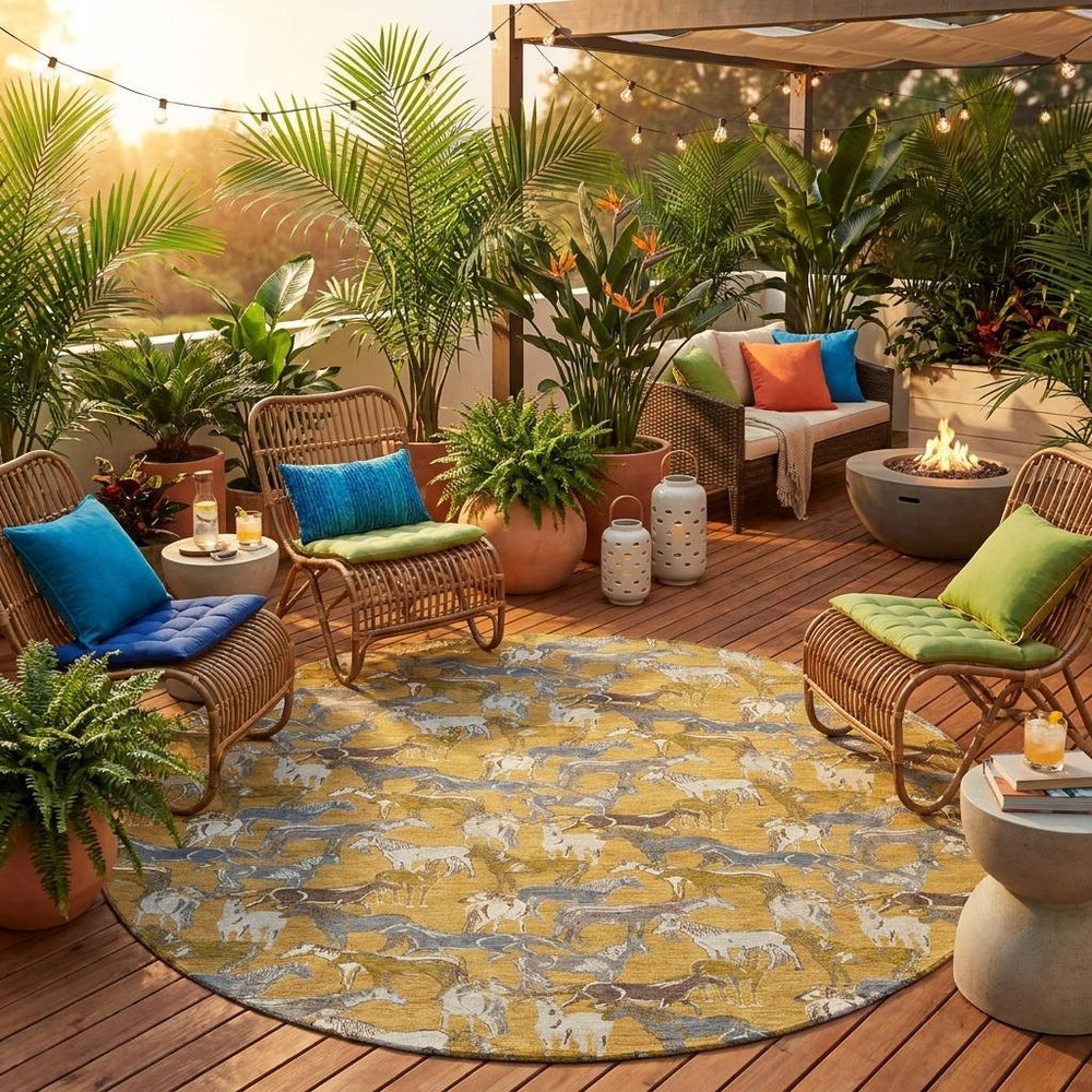 8 Foot Round Horse Motif Polyester Area Rug Washable Gold Beige Indoor Outdoor