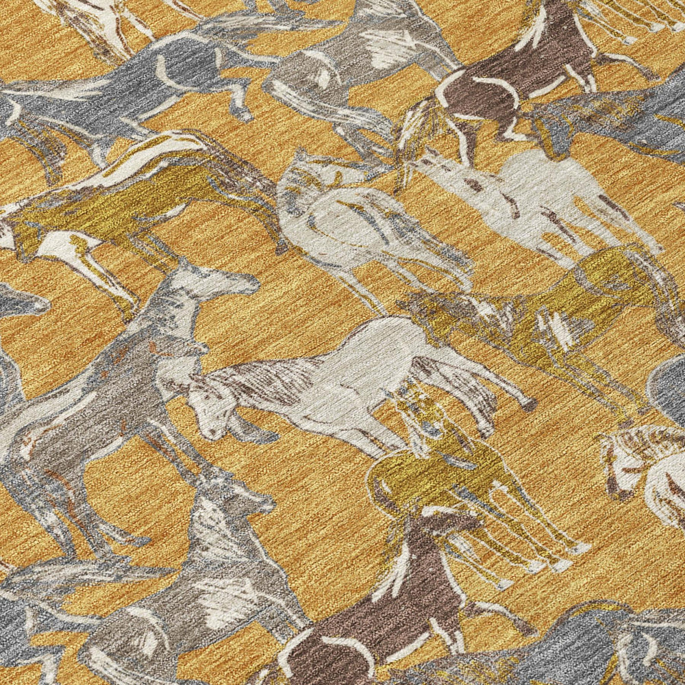 8 Foot Round Horse Motif Polyester Area Rug Washable Gold Beige Indoor Outdoor