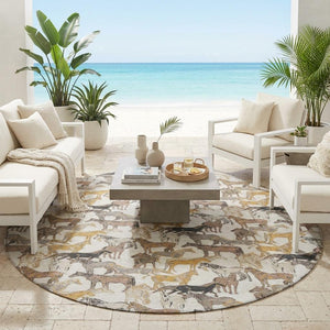8' Round Equestrian Motif Washable Polyester Rug for Patios Porches and Entryways