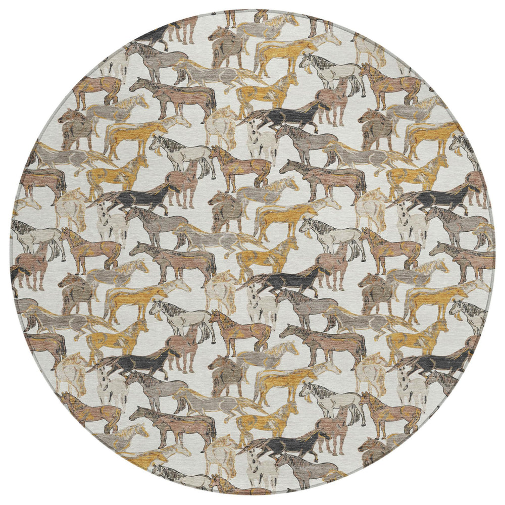 HomeRoots 8' Round Equestrian Motif Washable Polyester Rug for Patios Porches and Entryways 728752