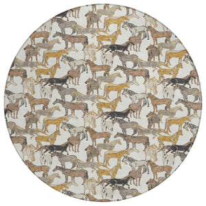 HomeRoots 8' Round Equestrian Motif Washable Polyester Rug for Patios Porches and Entryways 728752