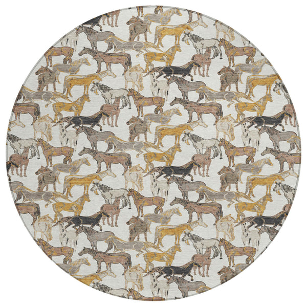 HomeRoots 8' Round Equestrian Motif Washable Polyester Rug for Patios Porches and Entryways 728752