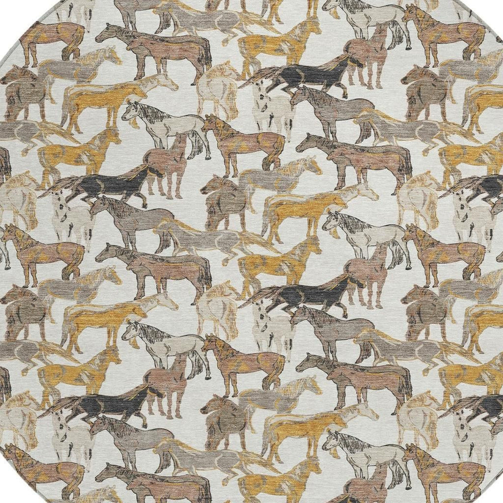 HomeRoots 8' Round Equestrian Motif Washable Polyester Rug for Patios Porches and Entryways 728752
