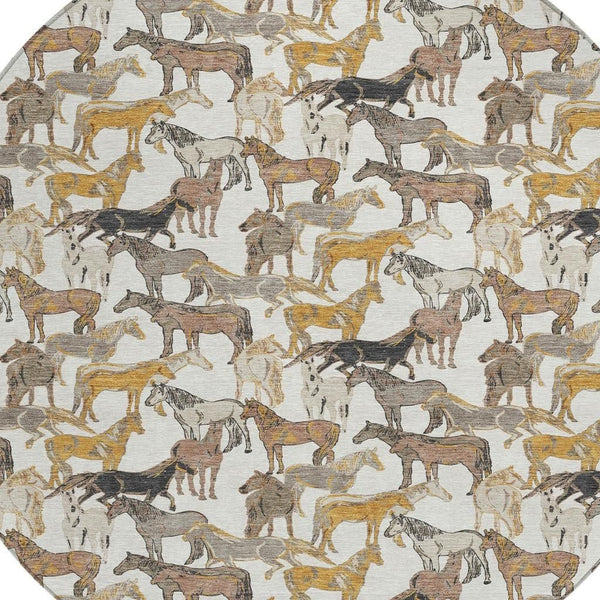 8' Round Equestrian Motif Washable Polyester Rug for Patios Porches and Entryways