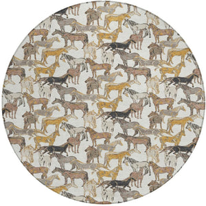 8' Round Equestrian Motif Washable Polyester Rug for Patios Porches and Entryways