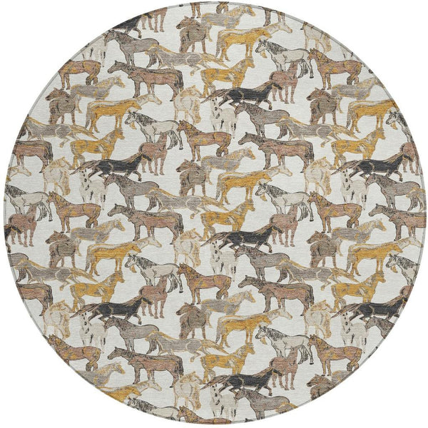 8' Round Equestrian Motif Washable Polyester Rug for Patios Porches and Entryways