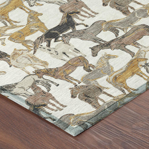 8' Round Equestrian Motif Washable Polyester Rug for Patios Porches and Entryways