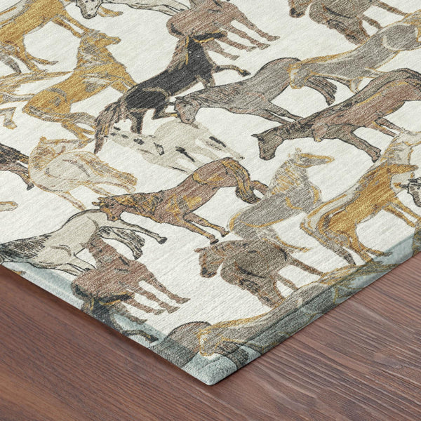 8' Round Equestrian Motif Washable Polyester Rug for Patios Porches and Entryways