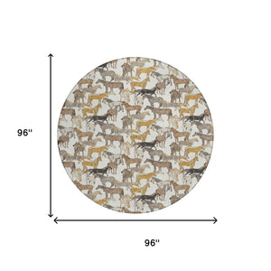 8' Round Equestrian Motif Washable Polyester Rug for Patios Porches and Entryways