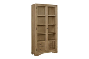 English Elm Tall Display Cabinet with Glass Doors and Drawers, Cashew Hickory Veneer for Elegant Storage & Décor Light Tan 43.5 L x 20 W x 85 H B2699P383821