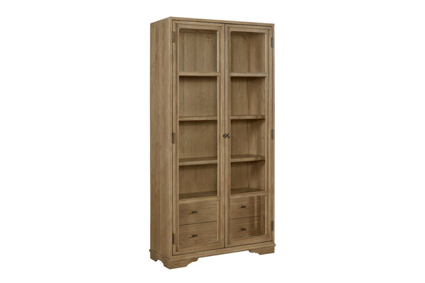 English Elm Tall Display Cabinet with Glass Doors and Drawers, Cashew Hickory Veneer for Elegant Storage & Décor Light Tan 43.5 L x 20 W x 85 H B2699P383821