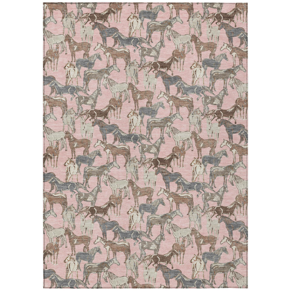 HomeRoots Horse Motif Washable Polyester Area Rug in Pink Gray for Indoor Outdoor Patio or Playroom 10' x 14' 728761