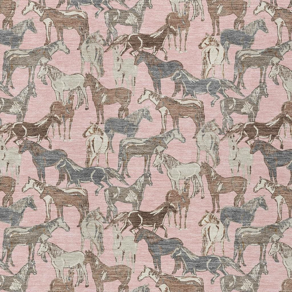 HomeRoots Horse Motif Washable Polyester Area Rug in Pink Gray for Indoor Outdoor Patio or Playroom 10' x 14' 728761