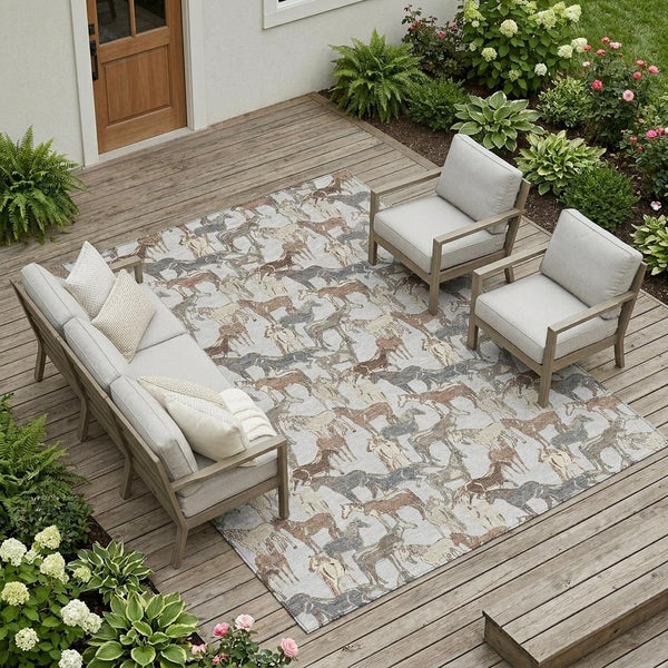 Equestrian Horse Motif Polyester Area Rug Machine Washable for Indoor Outdoor Living Spaces
