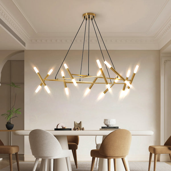 English Elm 41" Golden Modern Chandelier Light Fixture, 20-G9 Frosted Tubes, Iron Acrylic Branch Design, Adjustable Pendant for Dining Room or Kitchen Island W1340P233169