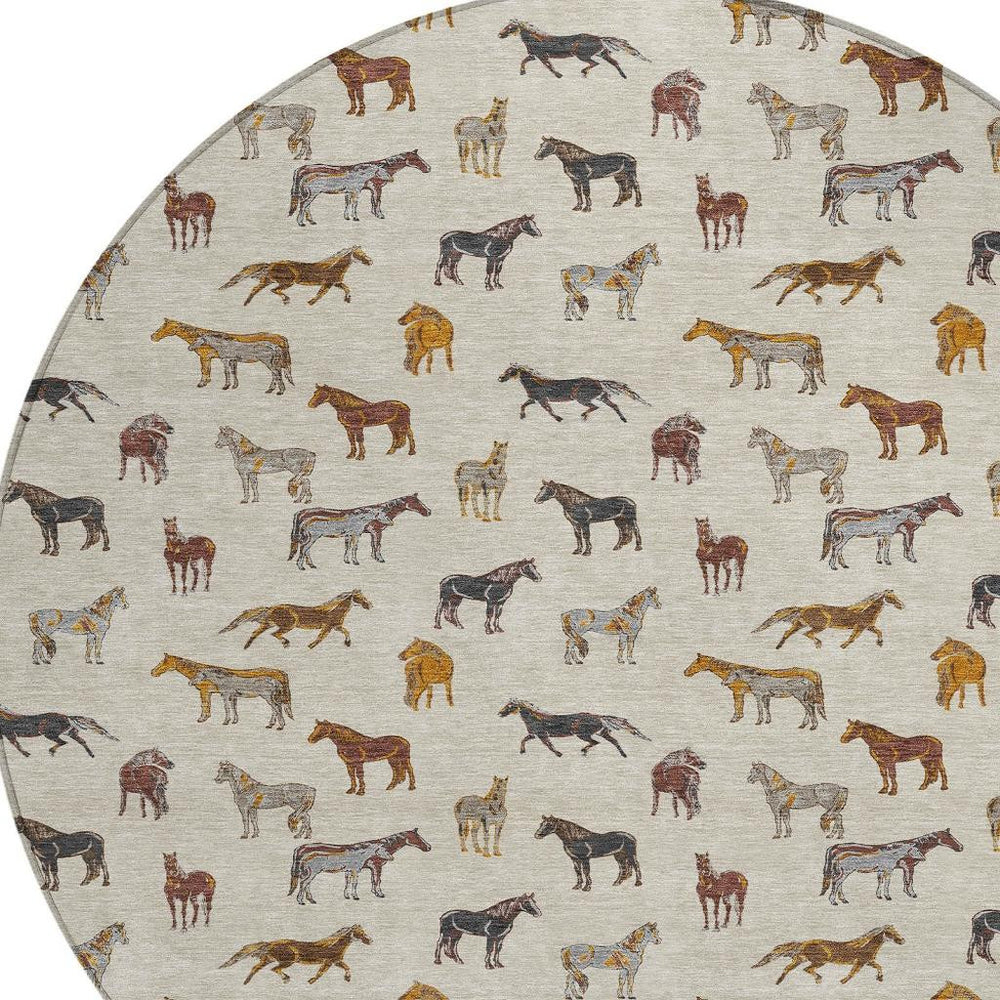8 Foot Round Horse Motif Washable Polyester Area Rug for Indoor Outdoor Use