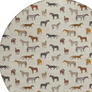 8 Foot Round Horse Motif Washable Polyester Area Rug for Indoor Outdoor Use