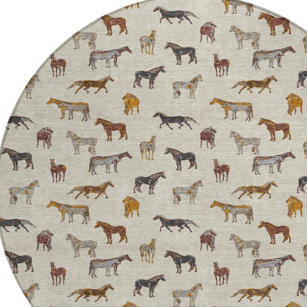 8 Foot Round Horse Motif Washable Polyester Area Rug for Indoor Outdoor Use