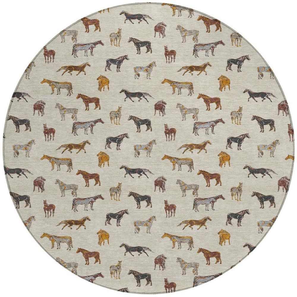 8 Foot Round Horse Motif Washable Polyester Area Rug for Indoor Outdoor Use