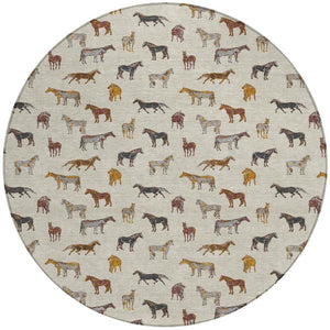 8 Foot Round Horse Motif Washable Polyester Area Rug for Indoor Outdoor Use