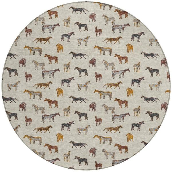 8 Foot Round Horse Motif Washable Polyester Area Rug for Indoor Outdoor Use
