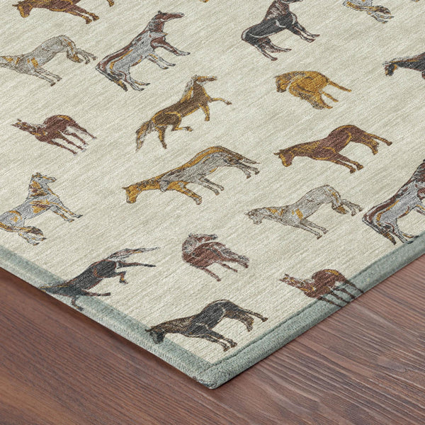 8 Foot Round Horse Motif Washable Polyester Area Rug for Indoor Outdoor Use