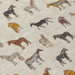 8 Foot Round Horse Motif Washable Polyester Area Rug for Indoor Outdoor Use