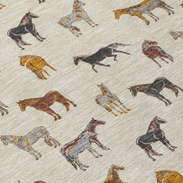 8 Foot Round Horse Motif Washable Polyester Area Rug for Indoor Outdoor Use