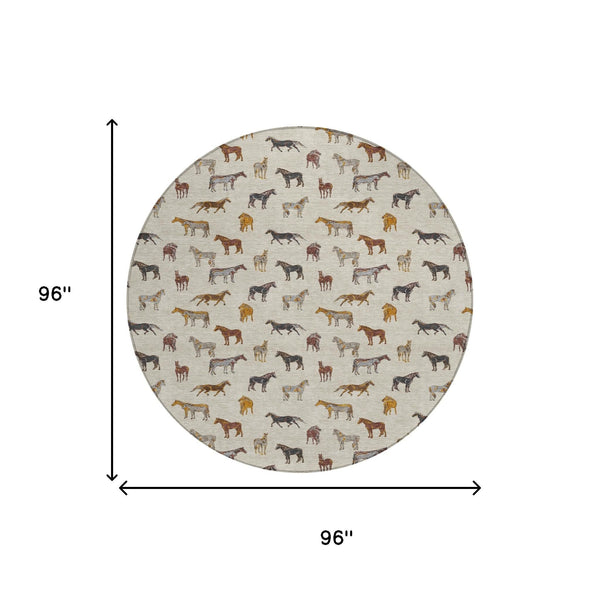 8 Foot Round Horse Motif Washable Polyester Area Rug for Indoor Outdoor Use