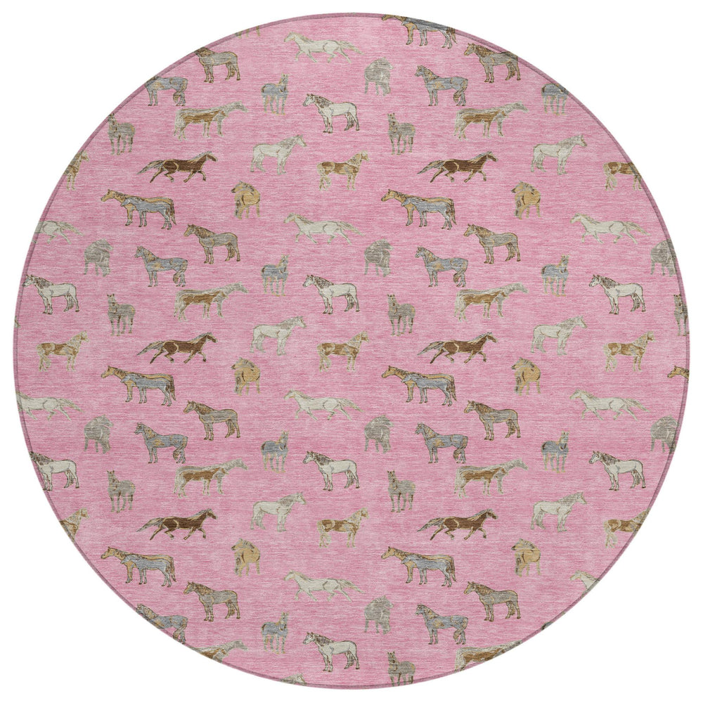 HomeRoots 8 Ft Round Horse Motif Washable Polyester Indoor Outdoor Rug for Patio or Family Rooms 728794